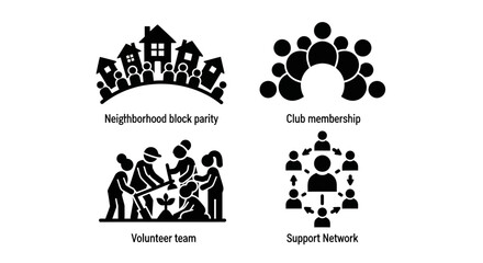 Fototapeta premium Community Engagement Icons: Neighborhood, Club, Volunteer, Support Network, Social Connection, Teamwork, Group, Charity