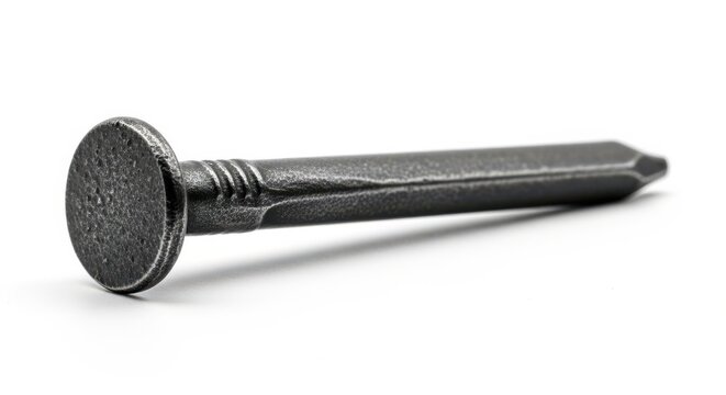 A single dark metal nail with a round head and pointed tip on white surface