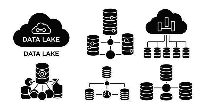Data Lake Cloud Storage Icons and Diagrams: Database, Cloud, Data Flow, Analytics