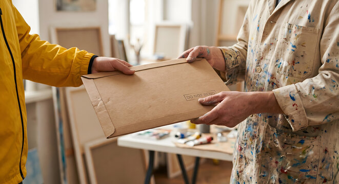 Courier in yellow jacket delivering large cardboard envelope to artist in paint stained apron within creative art studio.