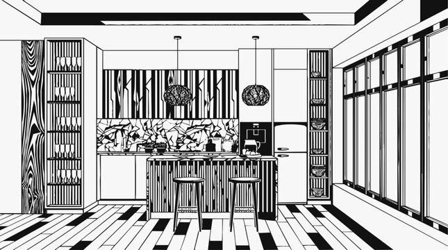 Modern Kitchen Interior Sketch with Contemporary Design Featuring a Luxury Island Bar Stools and Minimalist Home Architecture