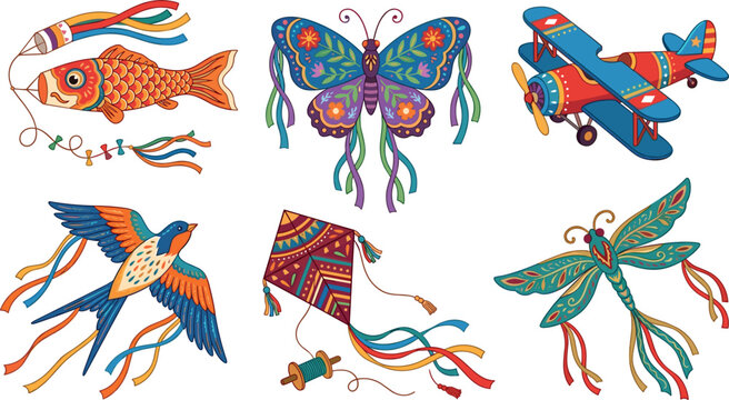 Traditional decorative vector illustration set featuring patterned festival kites including koinobori carp butterfly biplane bird and dragonfly shapes on white background