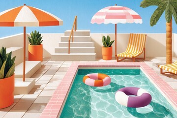 Fototapeta premium Paper diorama of a pastel poolside scene with umbrellas, loungers and inflatable floats