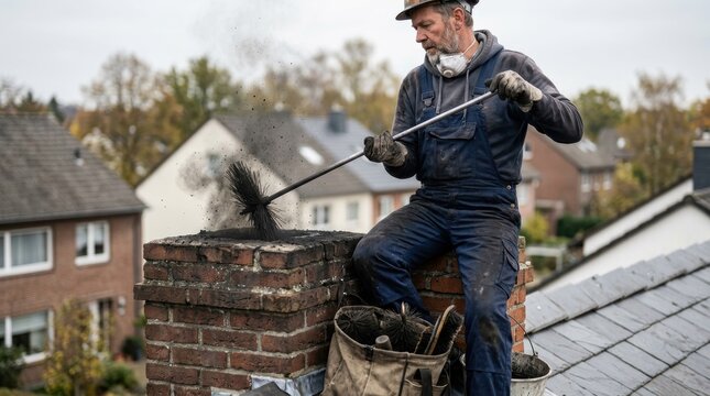 A man cleans a chimney using a long brush, removing soot and built-up debris. The scene emphasizes chimney sweeping as essential fireplace maintenance to reduce fire hazards.