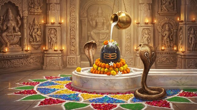 Two cobras pouring milk over a Shiva Lingam during a sacred ritual for Nag Panchami, symbolizing divine blessings and protection with offerings and decorative happy nag