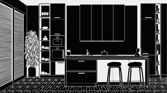 Modern kitchen interior design architecture silhouette featuring contemporary furniture with a minimalist island and bar stools in a luxury home