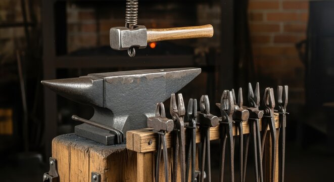 Blacksmith tools on anvil with hammer hanging above in a workshop setting