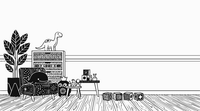 Modern nursery playroom interior scene featuring a dinosaur toy on the shelf and geometric blocks on the floor in a hand drawn doodle style.