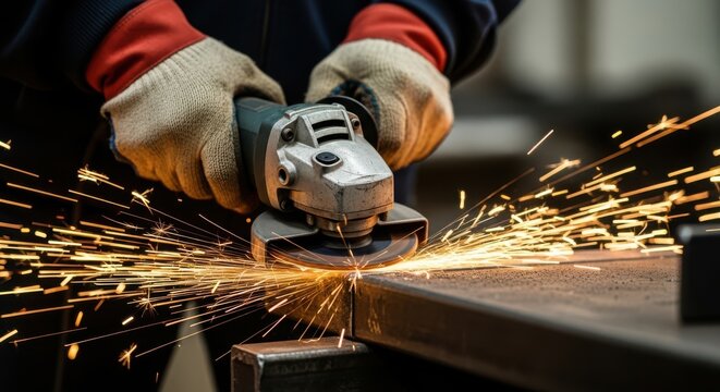 Skilled tradesperson grinding metal creating a brilliant shower of sparks with an angle grinder