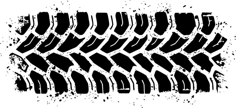 Tire track print, offroad vehicle wheel trace, grunge texture vector illustration of car tire tread pattern isolated on white background