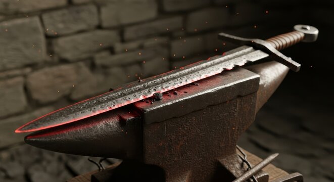 Masterfully forged medieval sword resting on a rustic anvil under dramatic lighting