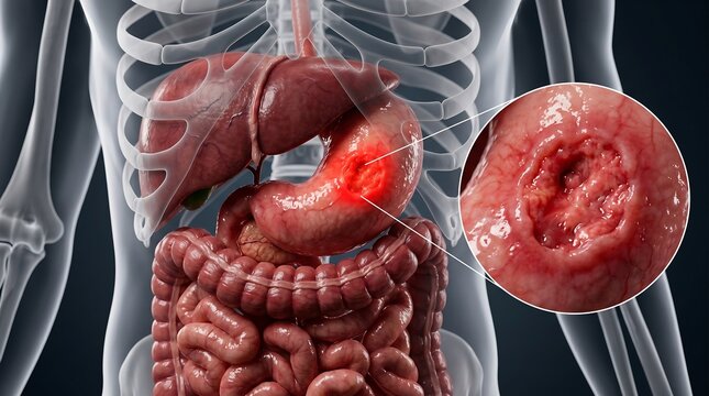 Medical 3D Illustration of a Peptic Ulcer on the Human Stomach with Magnified Macro Inset and Translucent Torso