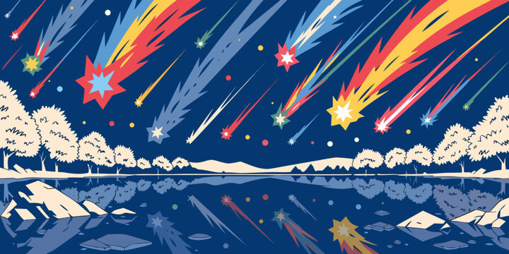 Colorful fireworks exploding over a serene lake with trees and mountains in the background night sky fireworks explosion reflection mountains colorful celebration illumination illuminated