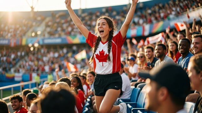 Excited female fan in a Canada maple-leaf jersey cheering and shouting in a sunlit stadium.
