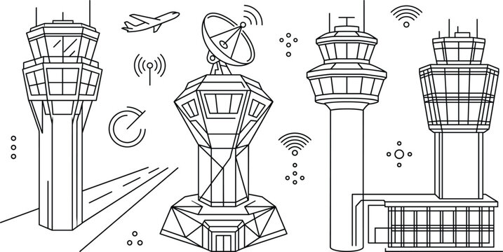 Airport Air Traffic Control Tower Line Icon Set with Radar Communication Signal Symbols