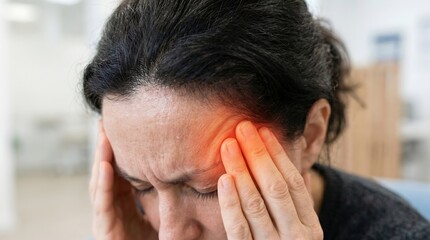 Fototapeta premium Woman suffering from severe migraine headache with pain glow