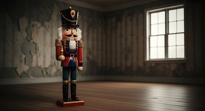 Traditional wooden nutcracker soldier standing in a rustic empty room