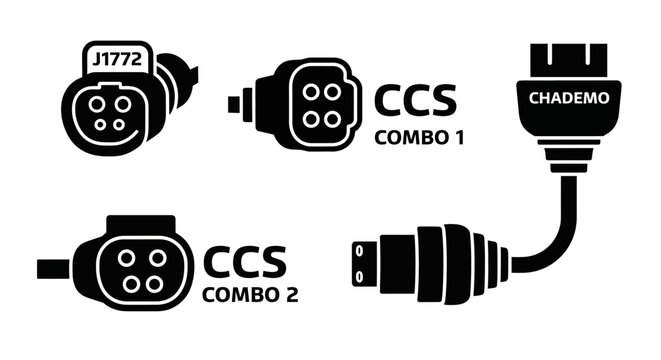 Icon of Electric Vehicle Charging Connector Types: J1772, CCS, CHAdeMO