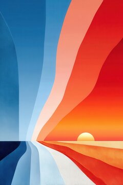 Abstract vertical gradient landscape with sunrise horizon in warm orange and cool blue tones