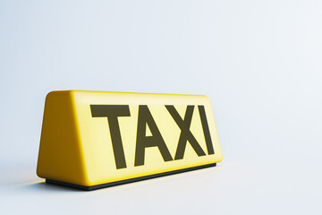 Yellow taxi roof sign illuminated and isolated on white background with bold lettering and clean minimalistic design captured in studio light. 3D Rendering © Who is Danny