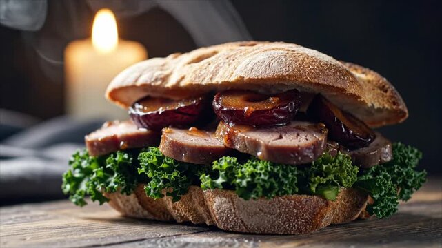 A juicy sandwich with meat, kale, and caramelized onions sits on a wooden table with a lit candle in the background.