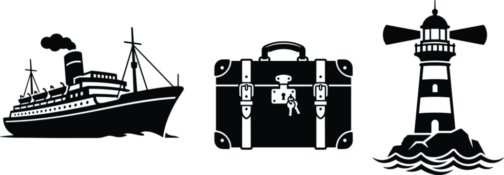 Vintage Maritime Cruise Travel Silhouette Vector Set Featuring Ocean Liner Steamship Luggage Suitcase and Coastal Lighthouse Tower for Nautical Journey Graphic Designs