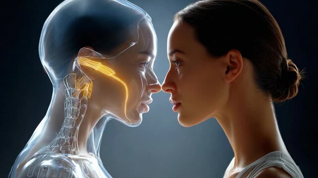 Future of Humanity: A woman gazes into the transparent representation of her own future self.