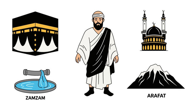 Islamic Pilgrimage Elements: Kaaba, Hajj Pilgrim, Zamzam Well, Mosque, Arafat Mountain Vector Illustration