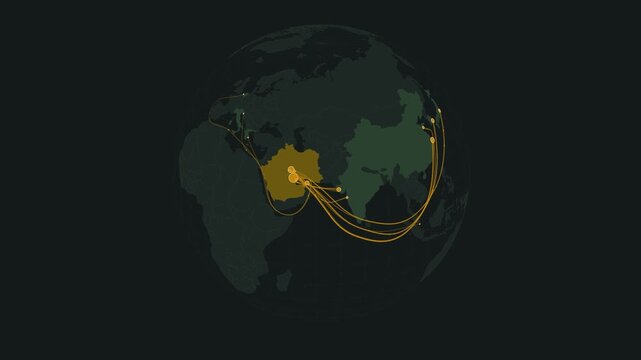 Intricate maritime logistics lines visualize petroleum supply chains radiating across the Middle East and East Asia on a dark corporate world globe