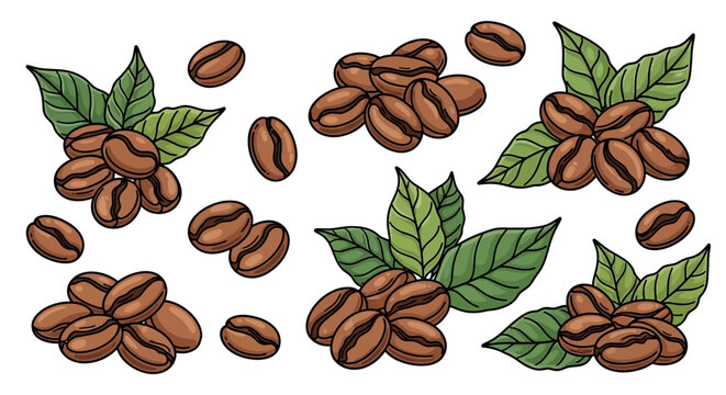 Brown Coffee Beans and Green Leaves