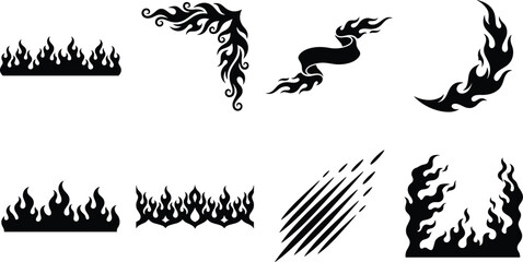 Flame borders and fire vector icon set featuring tribals decorative corners banners and burning design elements © MdReazul