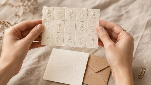 Hands Holding Embossed Botanical Stamp Sheet Over Cotton Notecard and Kraft Envelope for Stationery Design