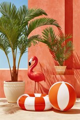 Obraz premium Summer still life with pink flamingo, palm plants, inflatable ring and beach ball against coral wall