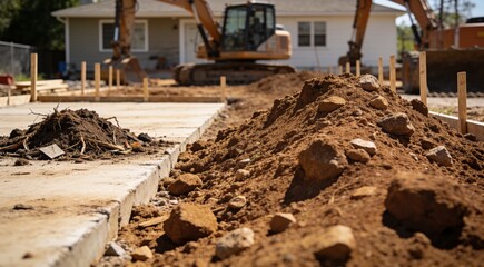Fototapeta premium Construction site with piles of soil and land grading for new housing development