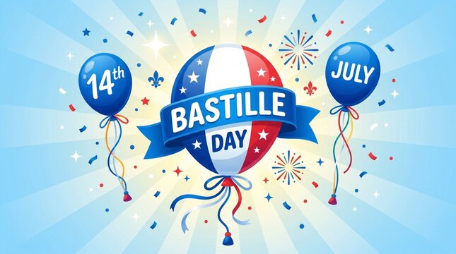 Bastille Day France National Day Vector Illustration with French Flag Balloons Fireworks and Confetti on Blue Sunburst Background for 14th July Celebration