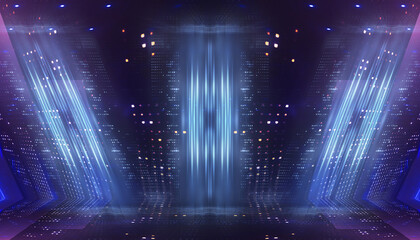 Fototapeta premium Ultraviolet background of empty foggy street with wet asphalt, illuminated by a searchlight, laser beams, smoke