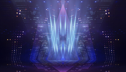 Fototapeta premium Ultraviolet background of empty foggy street with wet asphalt, illuminated by a searchlight, laser beams, smoke
