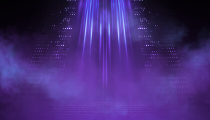 Fototapeta premium Ultraviolet background of empty foggy street with wet asphalt, illuminated by a searchlight, laser beams, smoke