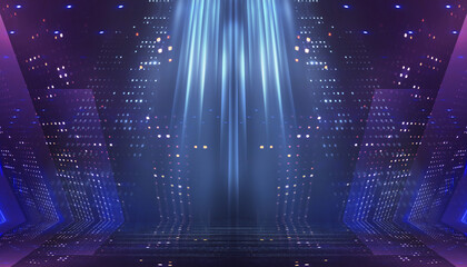 Fototapeta premium Ultraviolet background of empty foggy street with wet asphalt, illuminated by a searchlight, laser beams, smoke