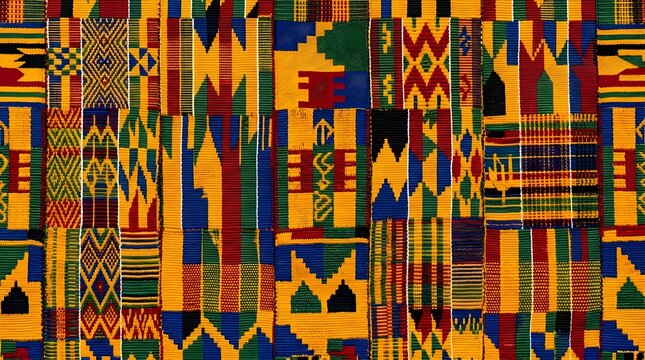 Vibrant kente cloth with colorful geometric patterns and designs