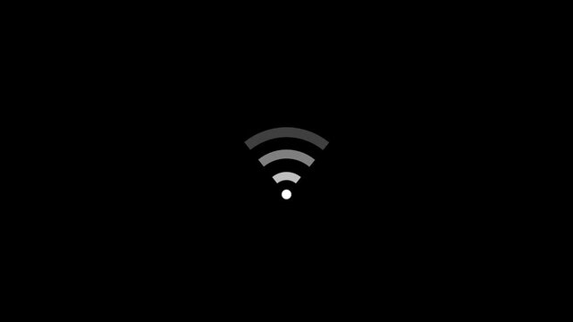 White Wi-Fi signal icon animation with expanding network bars on a solid black background representing wireless internet connectivity hotspot and digital communication