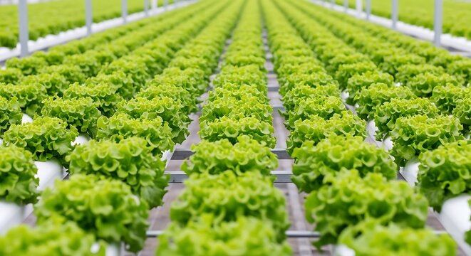 Rows of fresh green lettuce growing in a modern hydroponic greenhouse