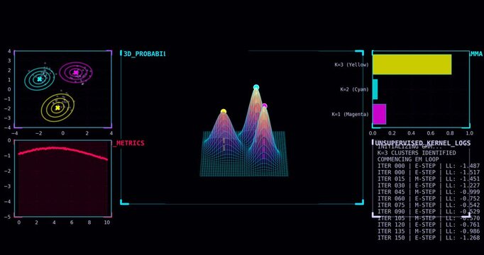 AI Gaussian Mixture Model Visualization Dashboard with 3D Probability Distribution, Machine Learning Analytics HUD Interface Animation