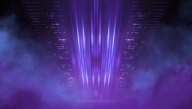Ultraviolet background of empty foggy street with wet asphalt, illuminated by a searchlight, laser beams, smoke