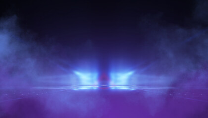 Fototapeta premium Ultraviolet background of empty foggy street with wet asphalt, illuminated by a searchlight, laser beams, smoke
