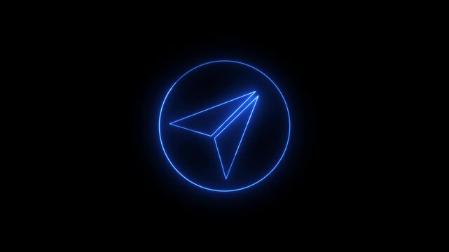 Glowing blue neon paper airplane icon animation on a solid black background representing message send button telegram communication and digital dispatch