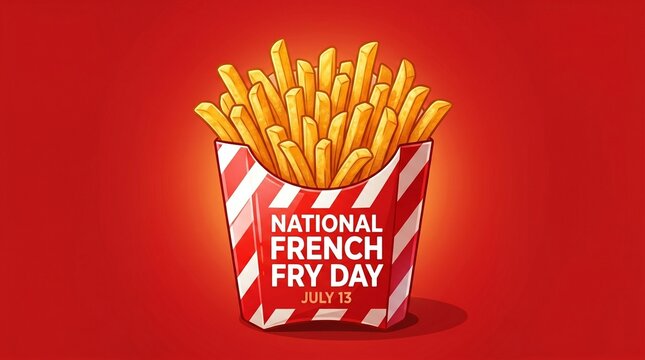 National French Fry Day Vector Illustration, Golden Fries in Red and White Striped Box on July 13, Fast Food Snack Graphic Banner for Social Media and Marketing
