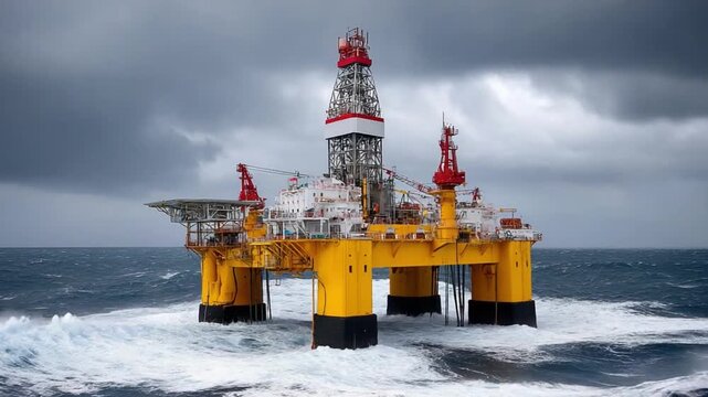 Offshore Oil Rig in Stormy Seas: A formidable offshore oil drilling platform stands tall amidst turbulent ocean waves and a dramatic, stormy sky.