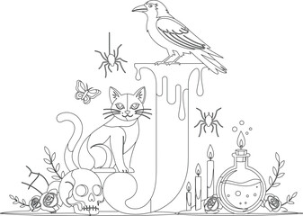 Obraz premium Enchanting letter J with raven, black cat, and spooky Halloween elements