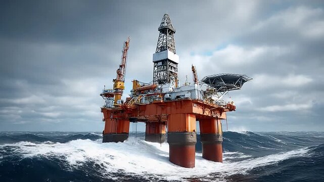 Offshore Drilling Rig in Stormy Seas: An industrial offshore drilling platform stands firm amidst tempestuous ocean waves under a dramatic, cloud-filled sky.